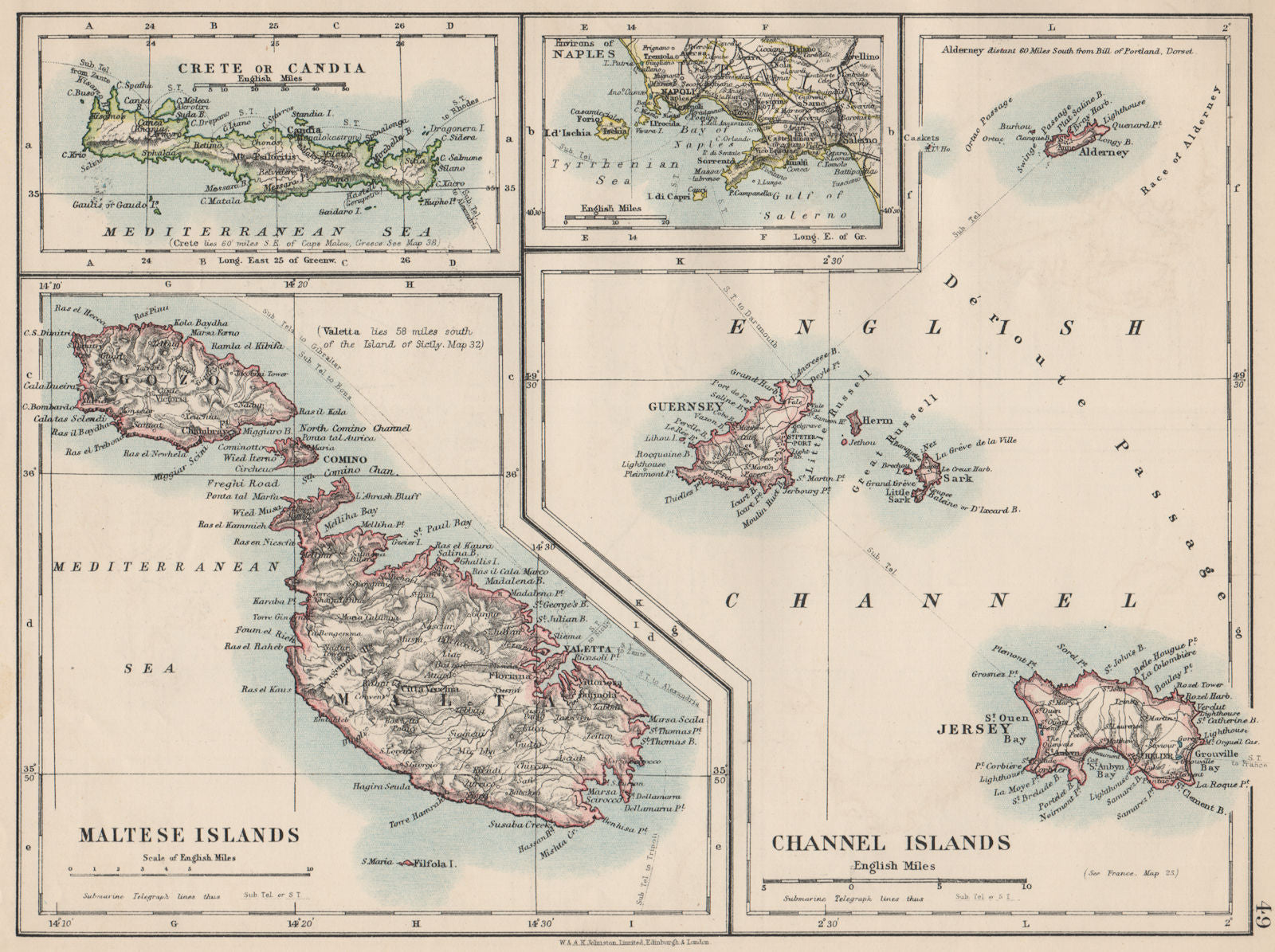 EUROPEAN ISLANDS.Malta Gozo Crete Capri Jersey Guernsey Sark.  JOHNSTON 1903 map